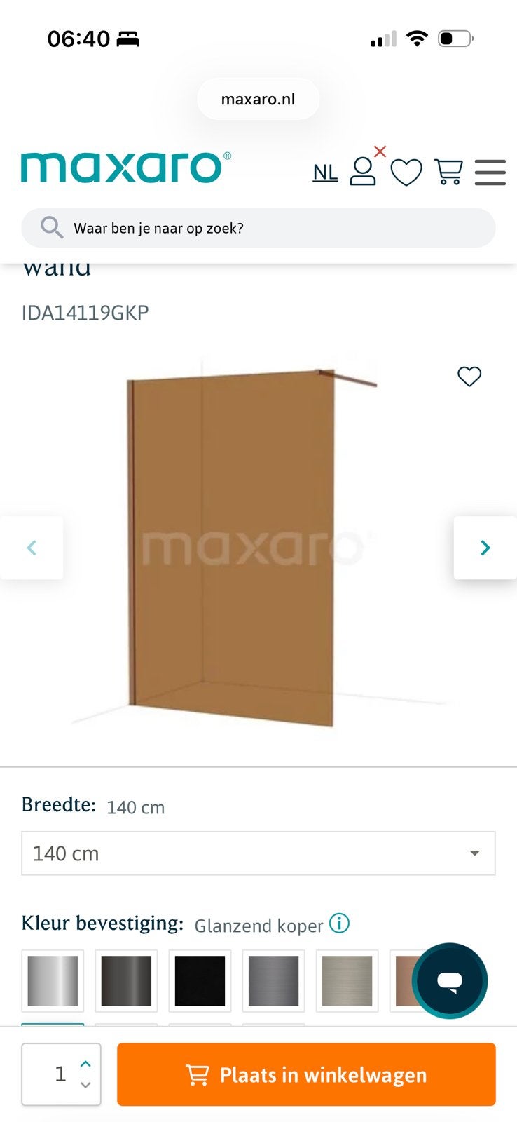 Douchewand maxaro, bronsglas 1.40 x 1.00 m. Nieuw, Ophalen, Nieuw, Koper, Douche