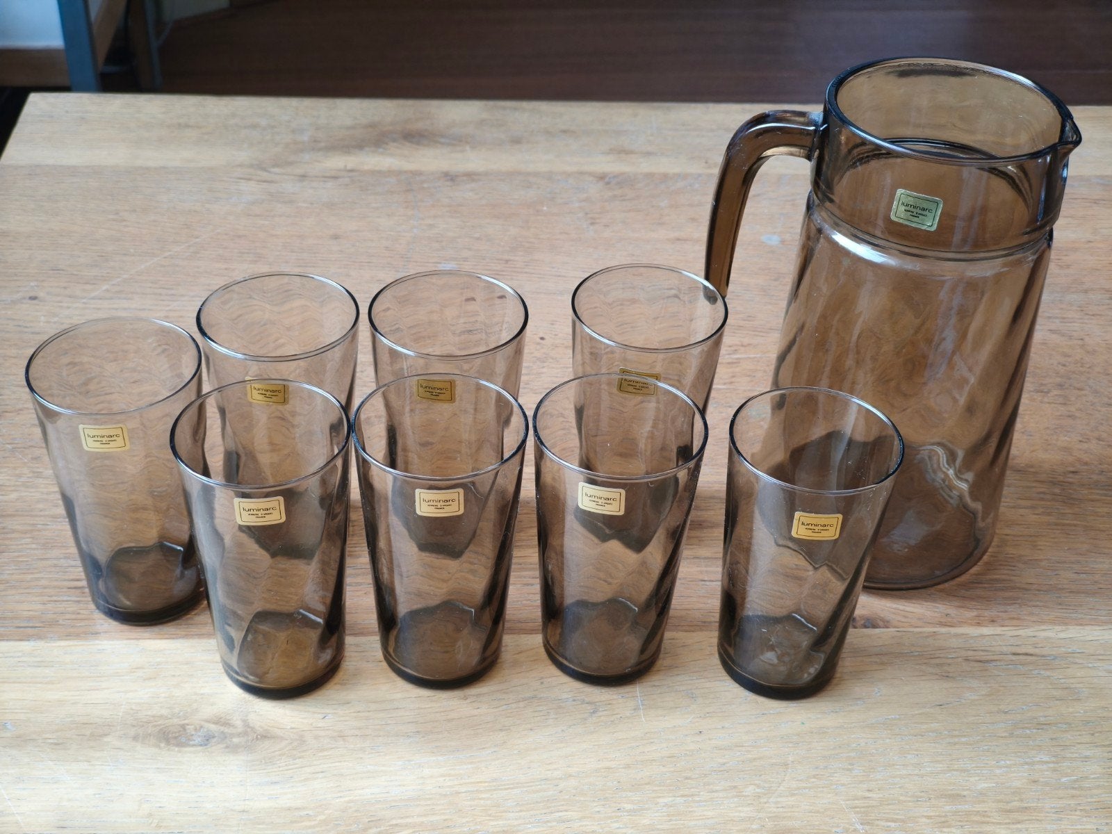 Vintage Luminarc Swirl l 8 Glazen en Kan - Rookglas, Huis en Inrichting, Keuken | Servies, Glas of Glazen, Ophalen of Verzenden