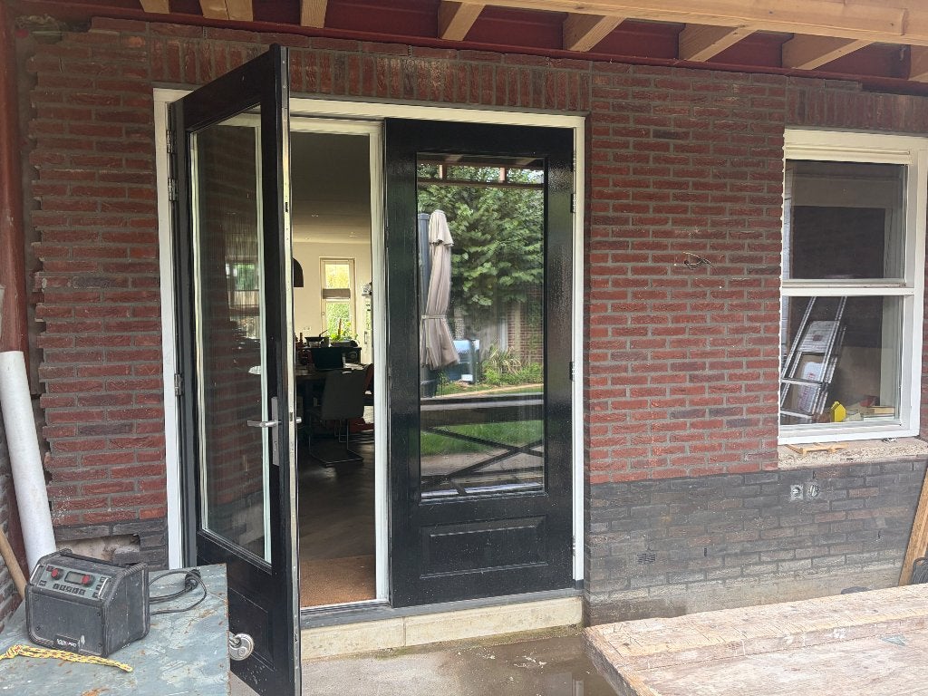 Houten HEBO tuindeuren met dubbel glas + schuifhor, Ophalen, Gebruikt, Buitendeur, Glas