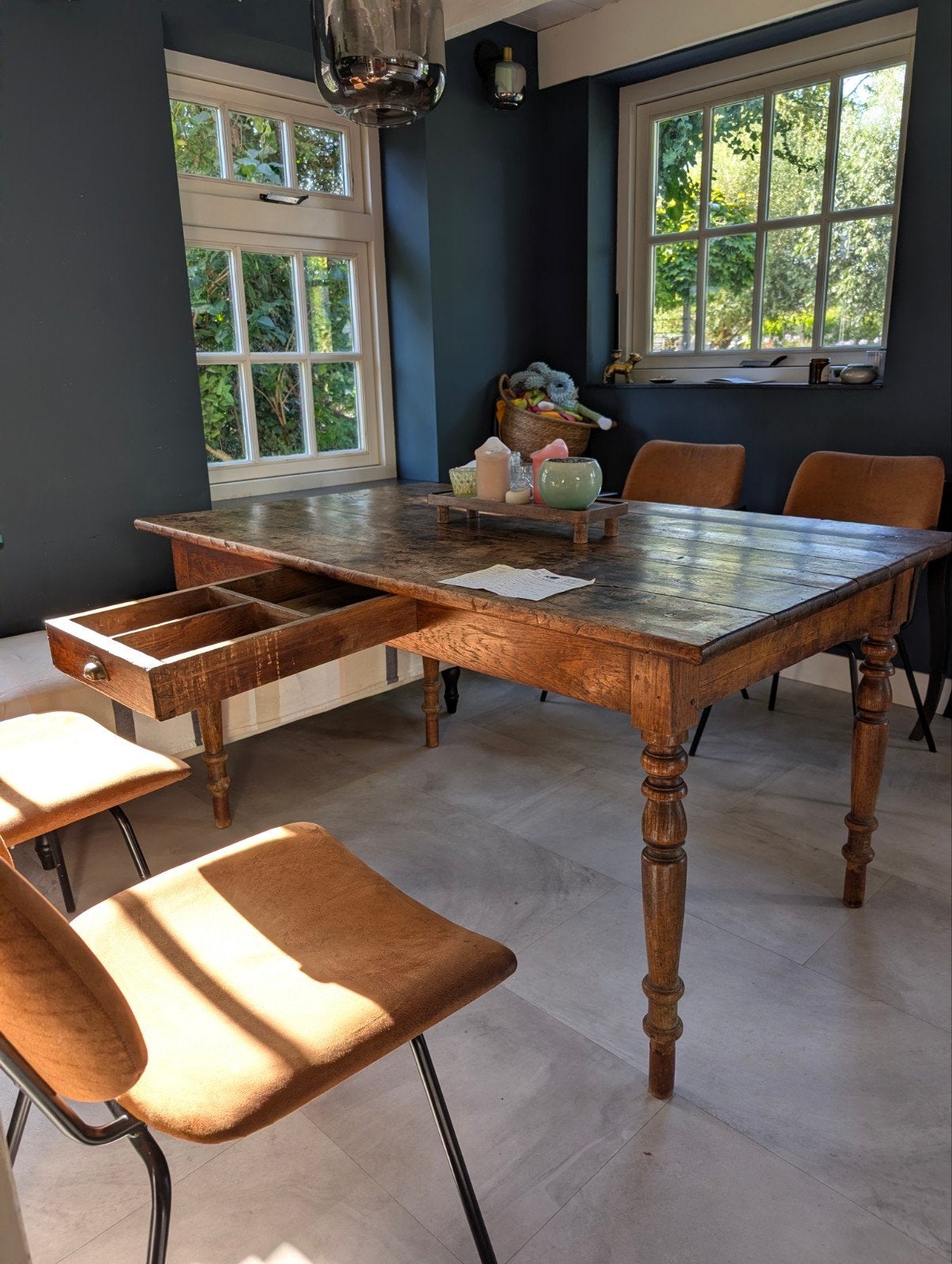 Antieke Franse boerentafel 150x90 - eiken met besteklade, Antiek en Kunst, Antiek | Meubels | Tafels, Ophalen