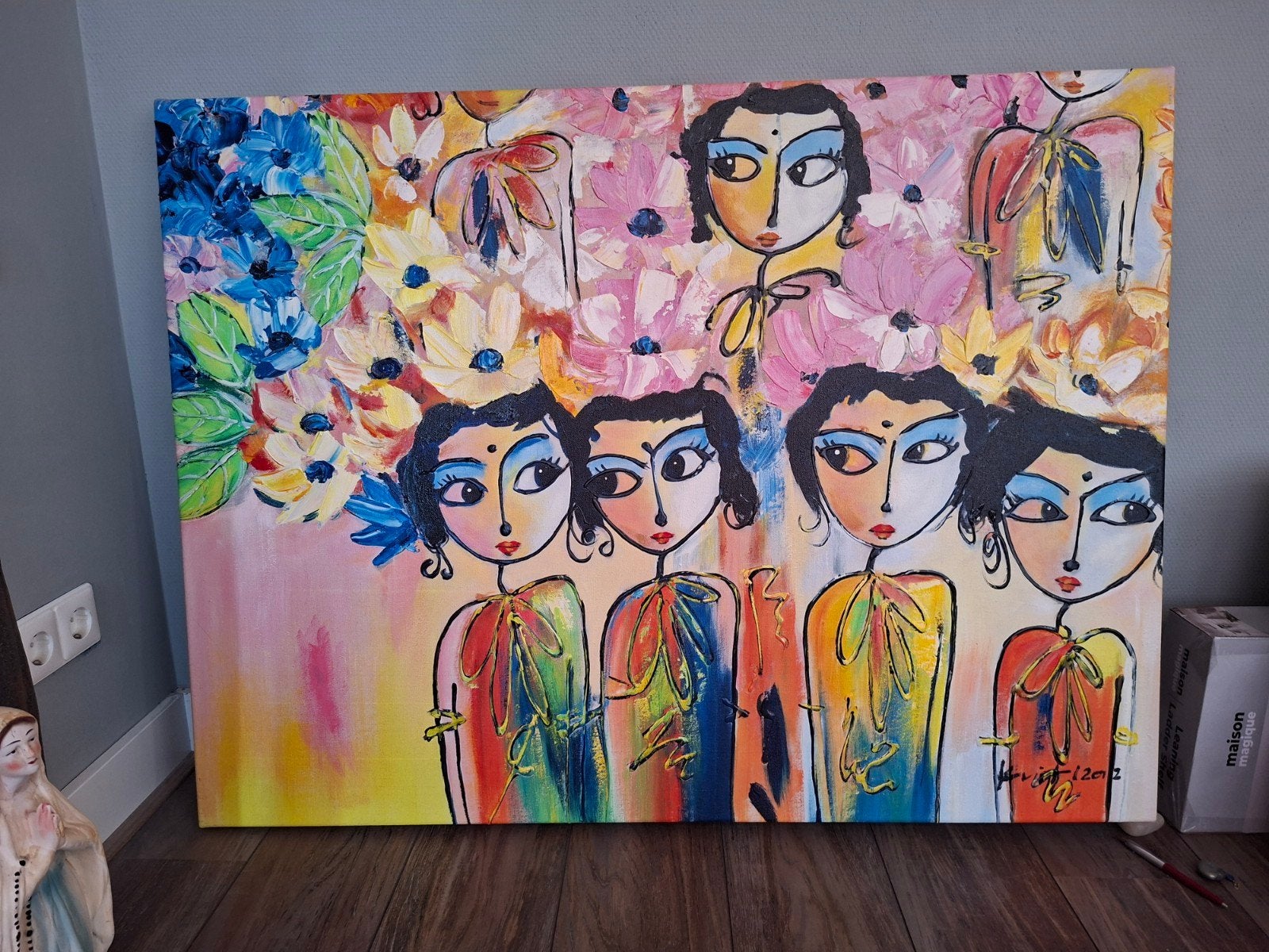 Kleurrijk schilderij met figuren en bloemen, Antiek en Kunst, Ophalen of Verzenden
