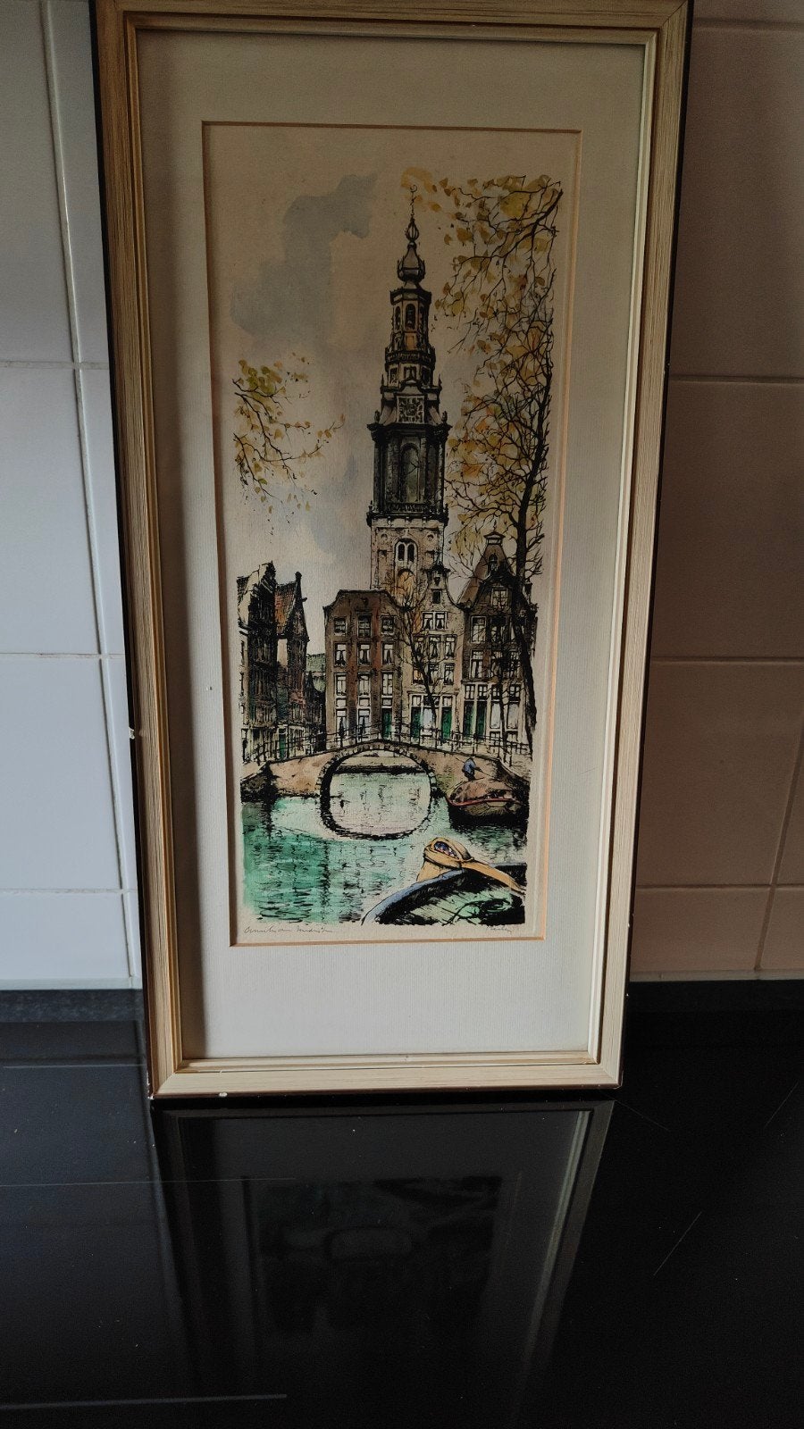 3 etsen en reproductie aquarel in een koop(je), Ingelijst, Ophalen of Verzenden, Landschap, 1950 - 1999