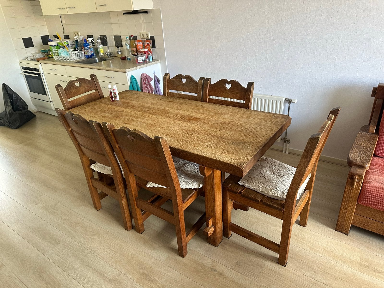 Massief eiken eettafel met 6 stoelen, Ophalen, Gebruikt, Eikenhout, 200 cm of meer