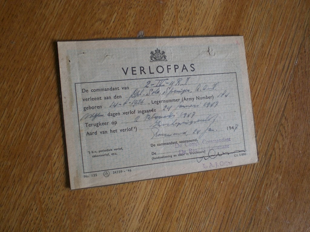 oude verlofpas Inschepingsverlof Indieganger Ned.Indie, Ophalen of Verzenden, Landmacht, Nederland