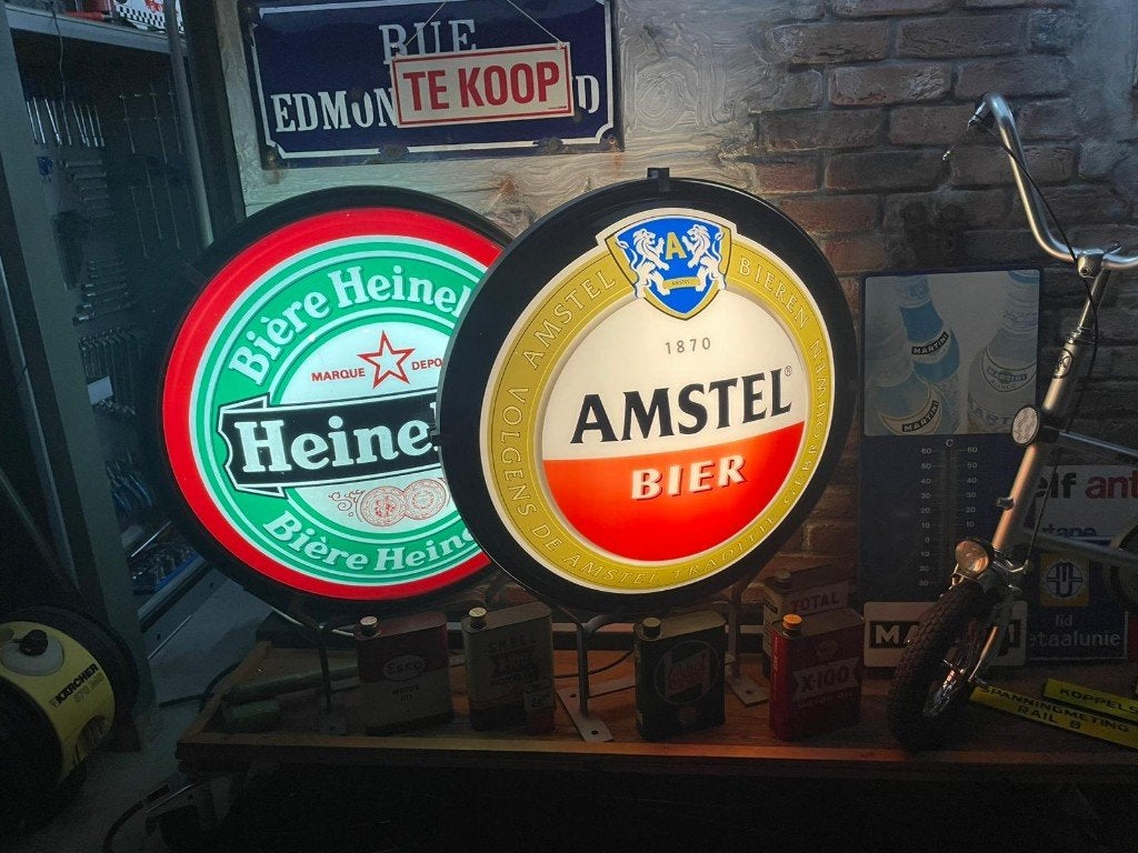 HEINEKEN EN AMSTEL BIER LICHTRECLAME, Verzamelen, Merken en Reclamevoorwerpen, Ophalen, Gebruikt, Lichtbak of (neon) lamp
