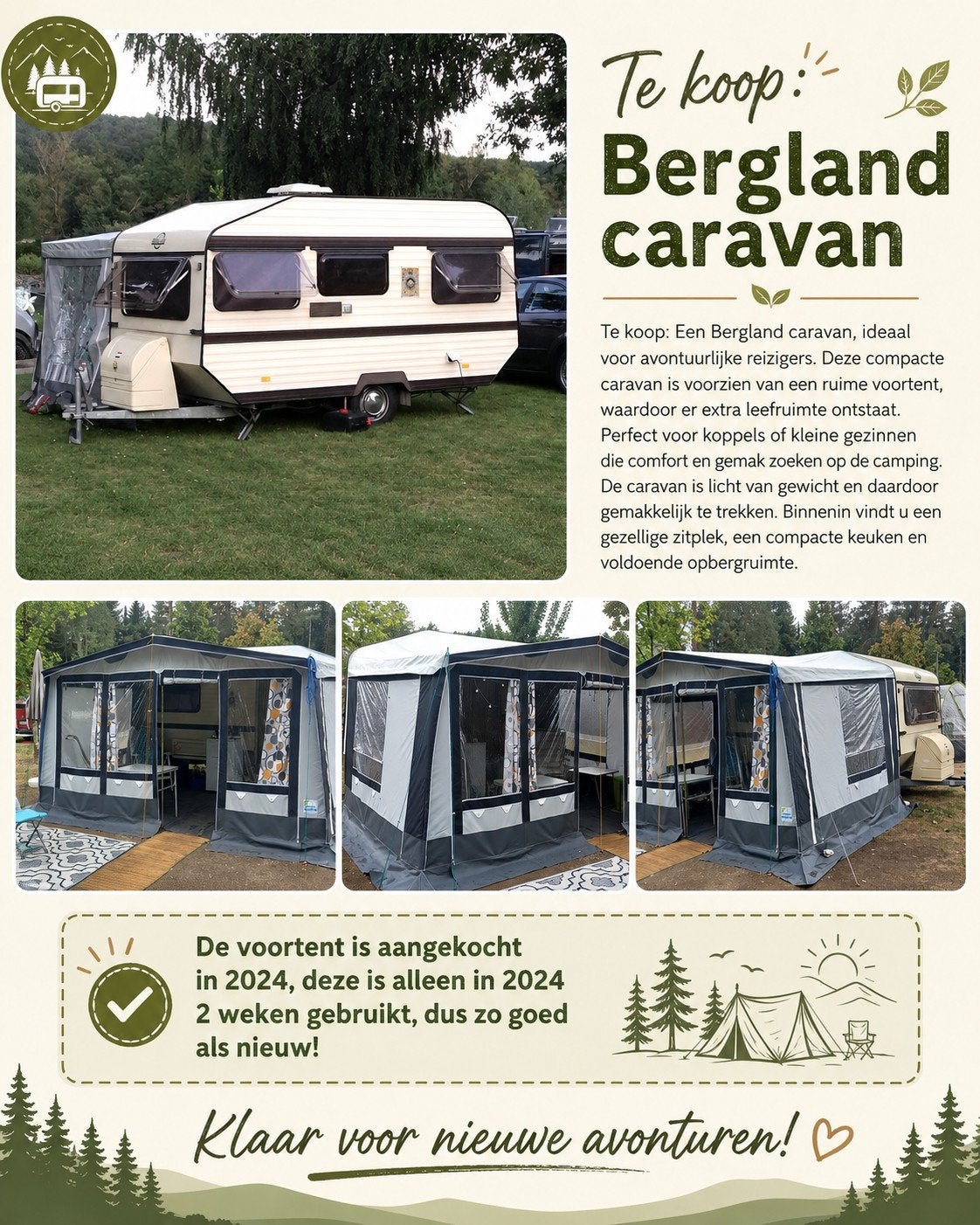 Compacte Bergland caravan met voortent, Caravans en Kamperen, Caravans, Overige merken, Tot en met 2, Particulier, 500 - 750 kg