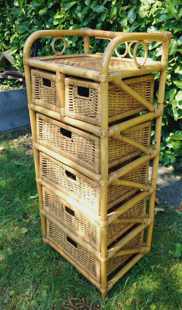 Vintage rotan bamboe rieten kastje 110 cm hoog, Huis en Inrichting, Kasten | Ladekasten, Ophalen, Minder dan 50 cm, Gebruikt, 5 laden of meer