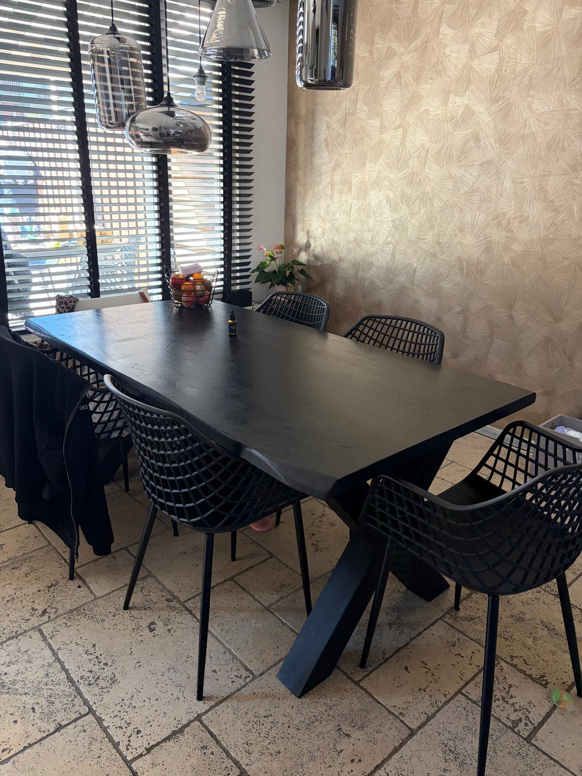 Boomstam eettafel met X-poten, Ophalen, Gebruikt, Rechthoekig, Overige houtsoorten