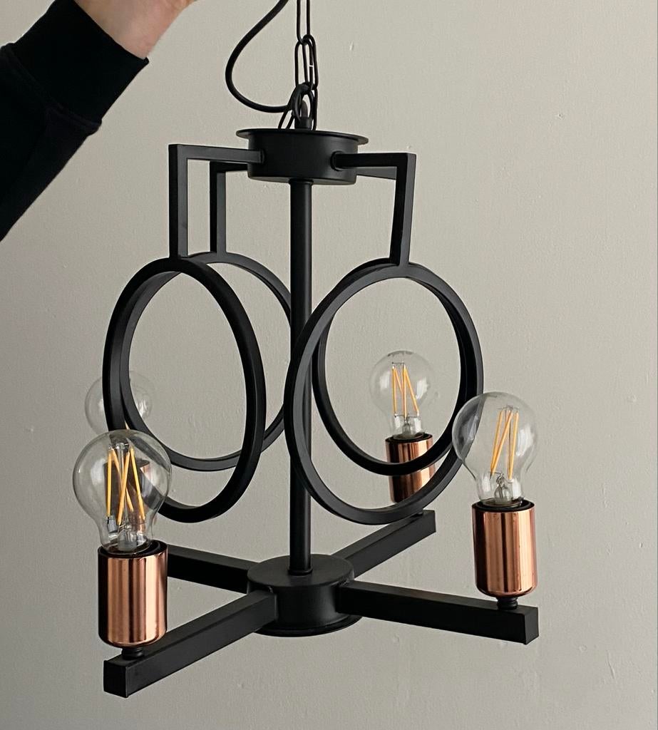 Industriële hanglampen zwart/koper + Philips SceneSwitch, Ophalen of Verzenden, Zo goed als nieuw, Metaal, Minder dan 50 cm