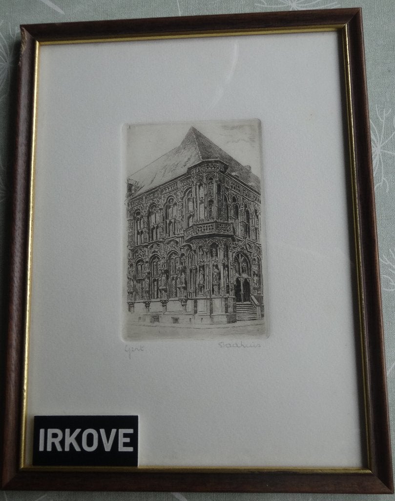 MOOIE ETS STADHUIS VAN GENT * in Lijst *, 25 cm, Ets, Architectuur, Ophalen of Verzenden