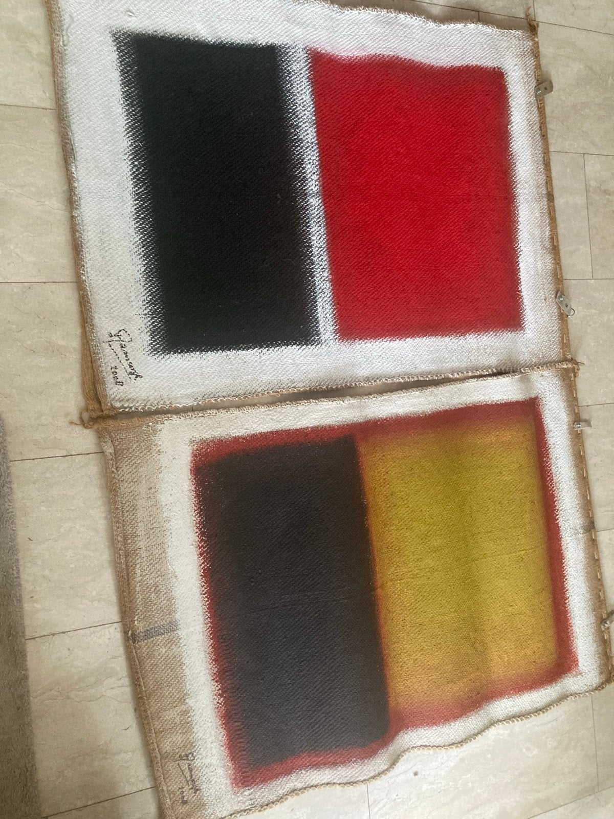 Unieke kunstwerken op pinda zakken - Set van 2, Antiek en Kunst, Ophalen of Verzenden