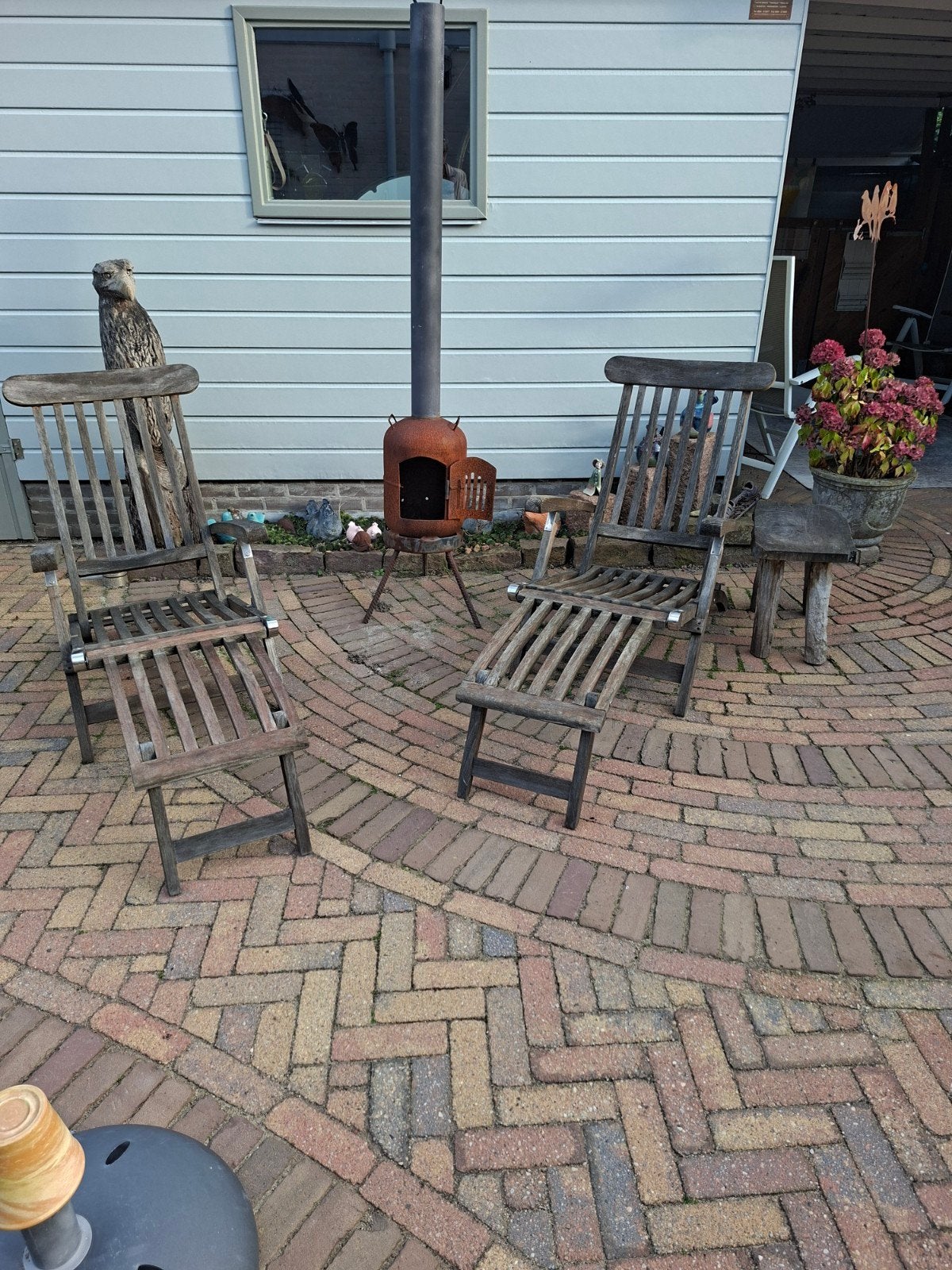 Teakhouten tuinstoelen/dekchairs met voetenbankjes, Ophalen, Gebruikt, Teakhout, Inklapbaar