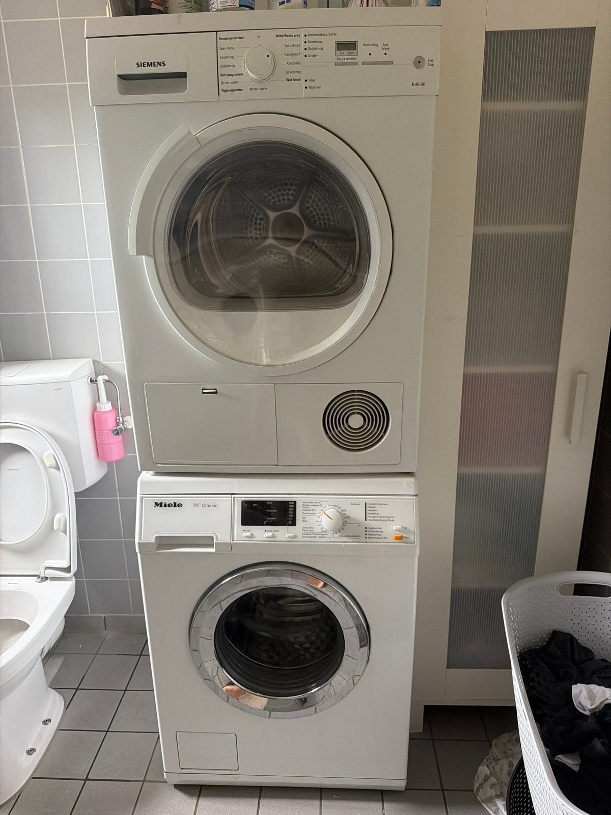 Siemens Droger en Miele Wasmachine Set, 6 tot 8 kg, Ophalen, Gebruikt, 85 tot 90 cm