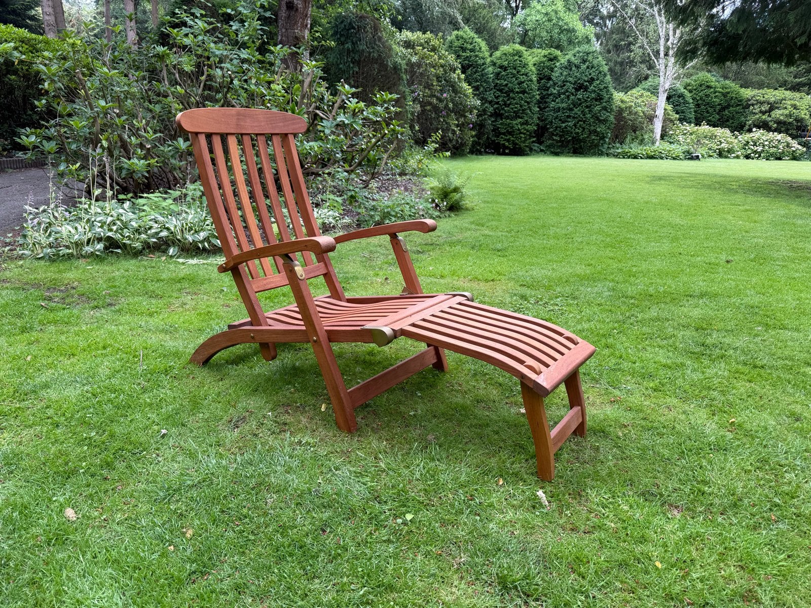 Teakhouten Tuinstoel (Deckchair) met Voetenbank, Ophalen, Gebruikt, Teakhout, Verstelbaar