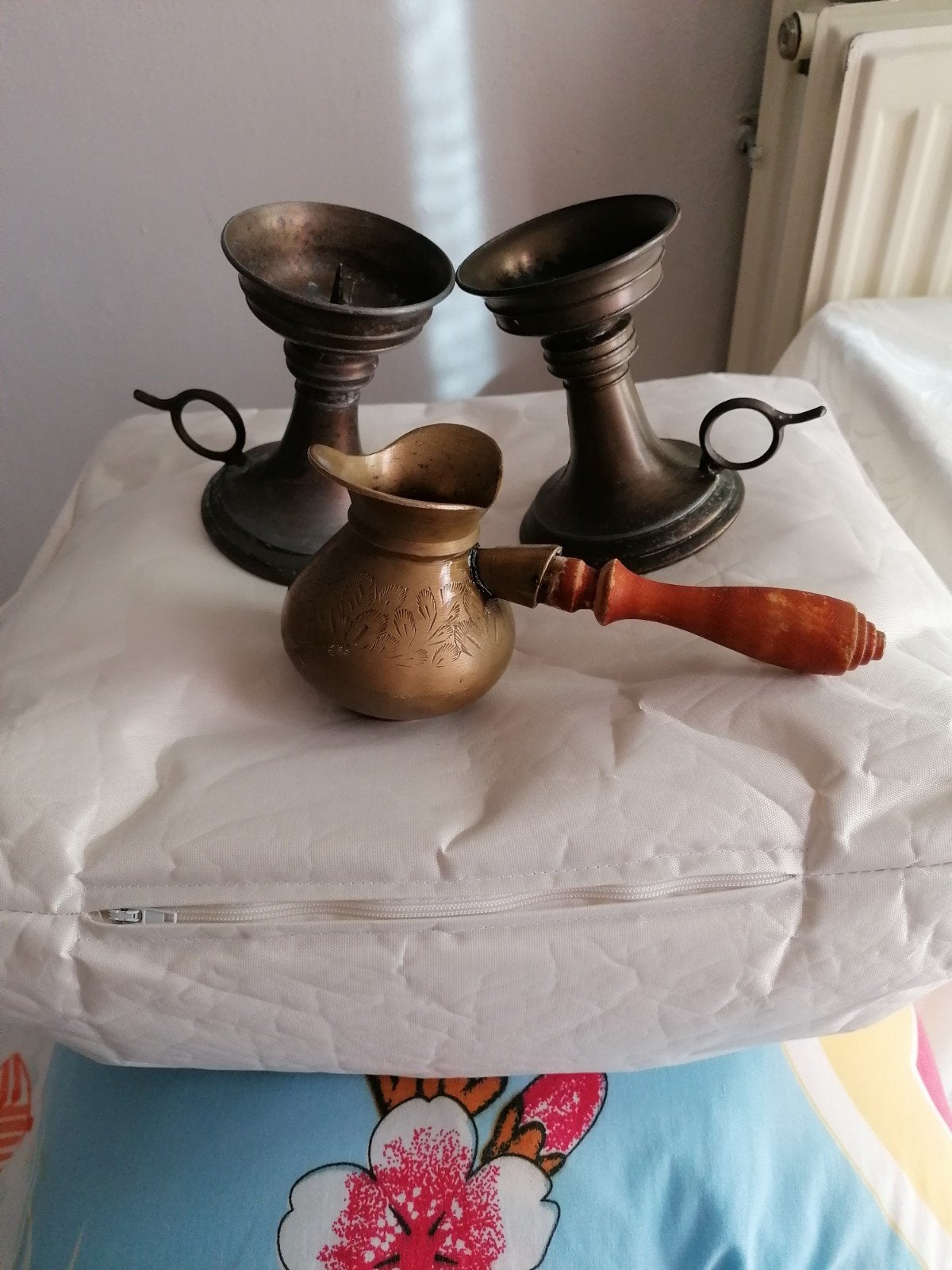 Antieke koperen kandelaars en koffiepot, Antiek en Kunst, Ophalen of Verzenden, Koper of Brons