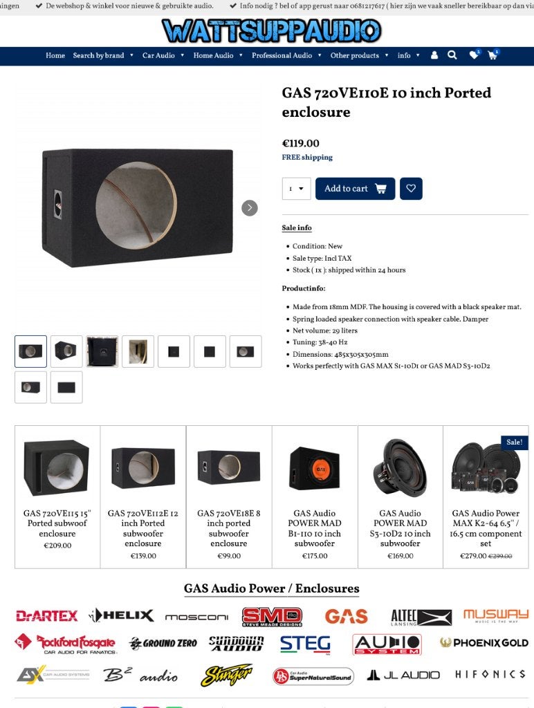 GAS 720VE110E 10 inch gepoorte subwoofer kist, Auto diversen, Info@optimount.nl, Nieuw, Ophalen of Verzenden, Anholtseweg 48A 7091 HB DINXPERLO