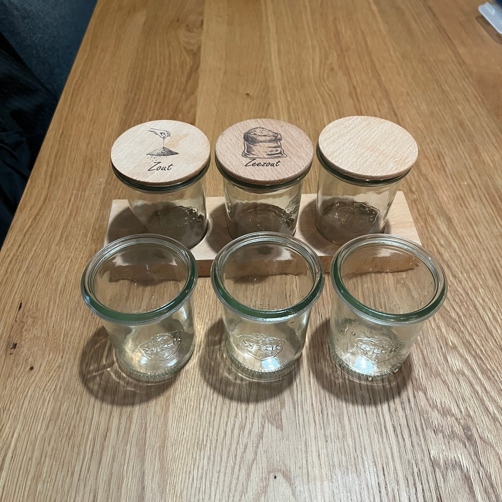 Serveerplank met 6 Weck-glazen van 160 ml en 3 houten deksel, Ophalen of Verzenden, Zo goed als nieuw