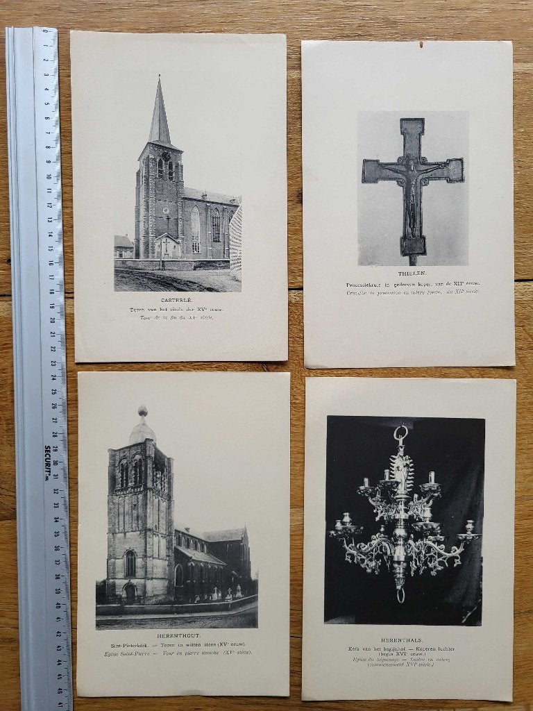 prenten Belgische kerken, oude relikwieën en meer. ca. 1920, Verzenden, Buitenland, Zo goed als nieuw, Voor 1940