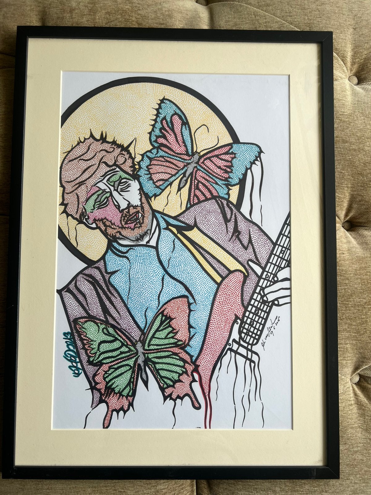 Vintage Tekening Kunstwerk Rik v Schaik / Eric Clapton., Ophalen, Tekening, Gemengde techniek, Gesigneerd