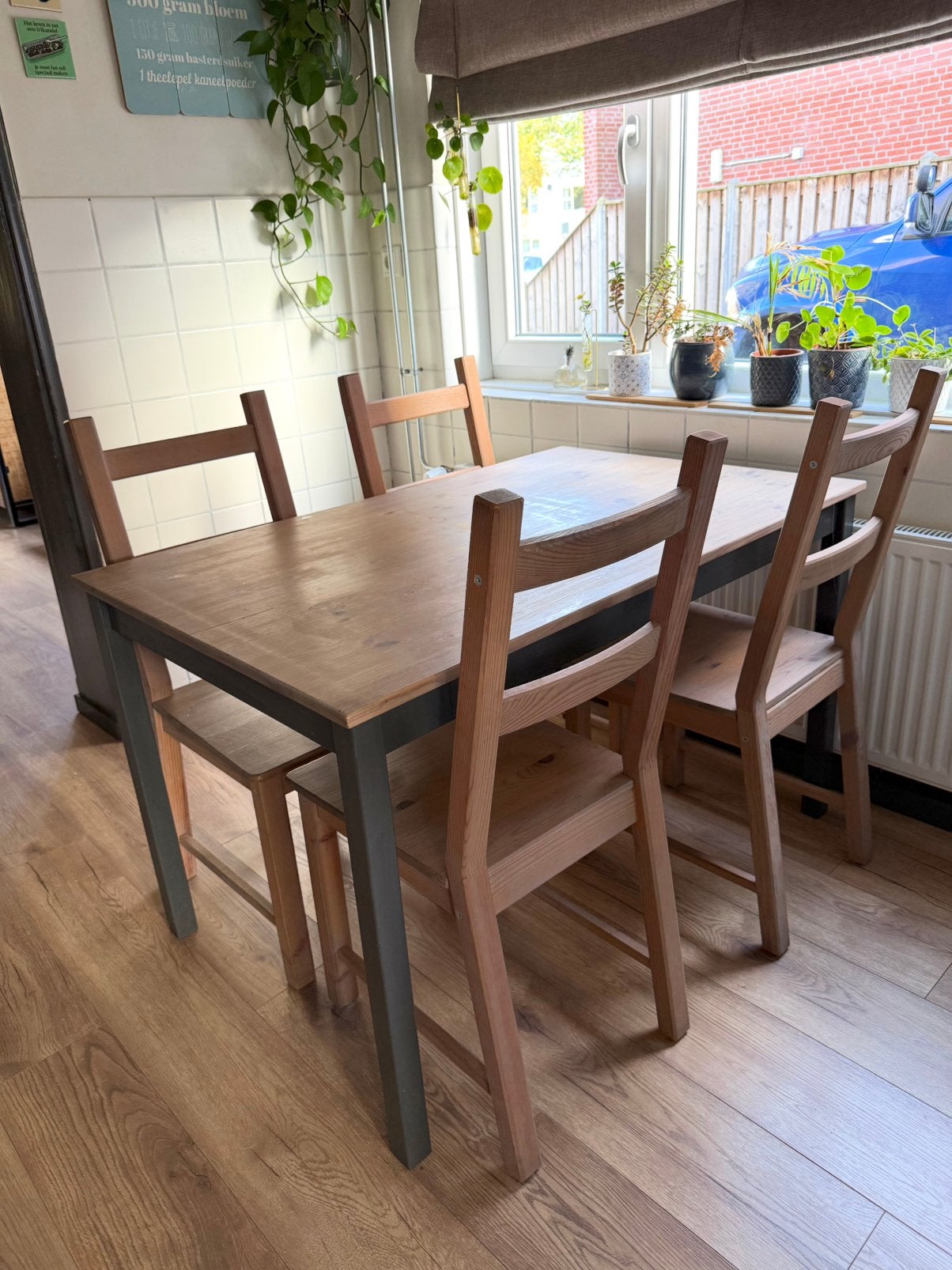 Houten eettafel met 4 stoelen, Ophalen, Gebruikt, 100 tot 150 cm, 50 tot 100 cm