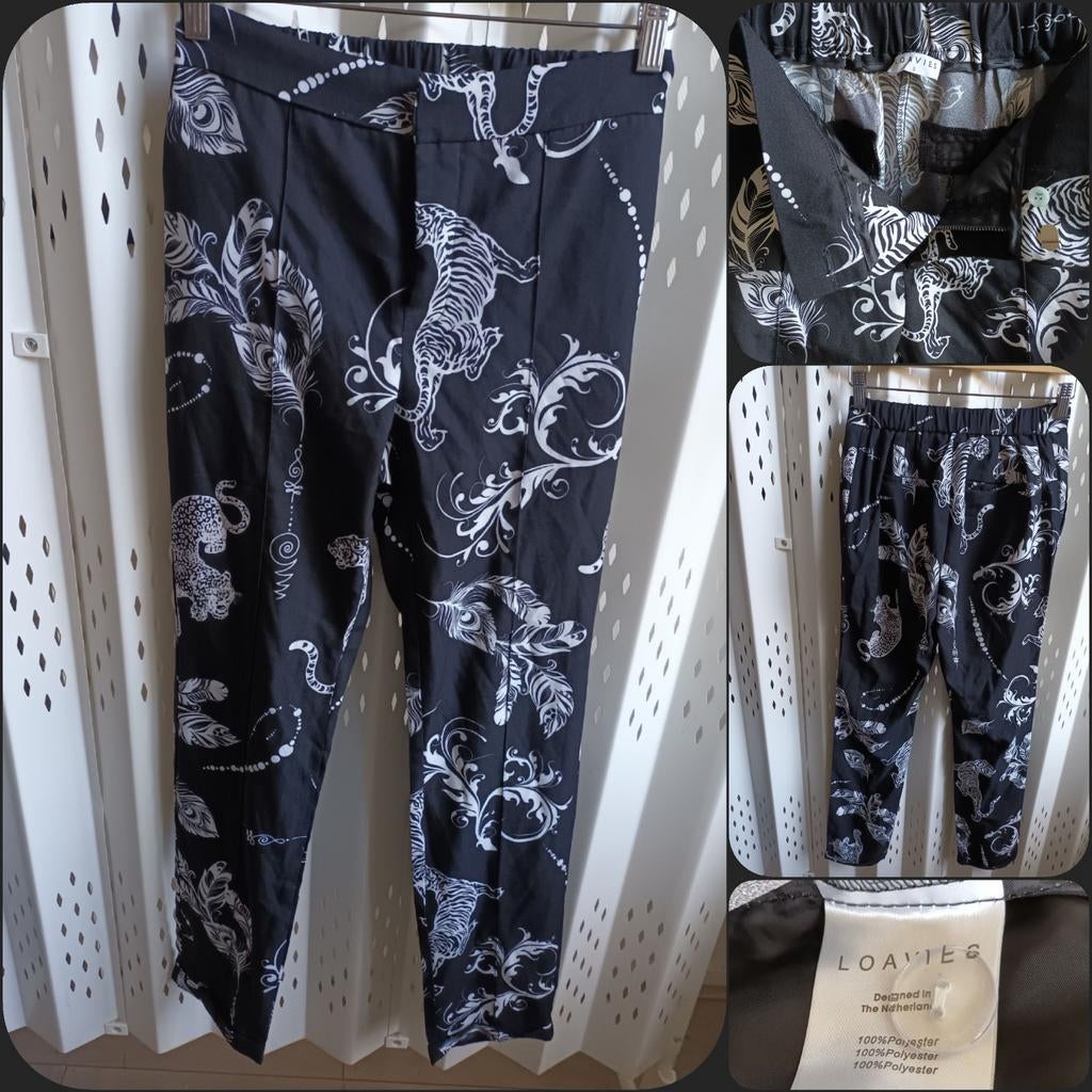 Loavies zwarte broek met witte tijgerprint S, Zwart, Ophalen of Verzenden, Maat 36 (S), Lang