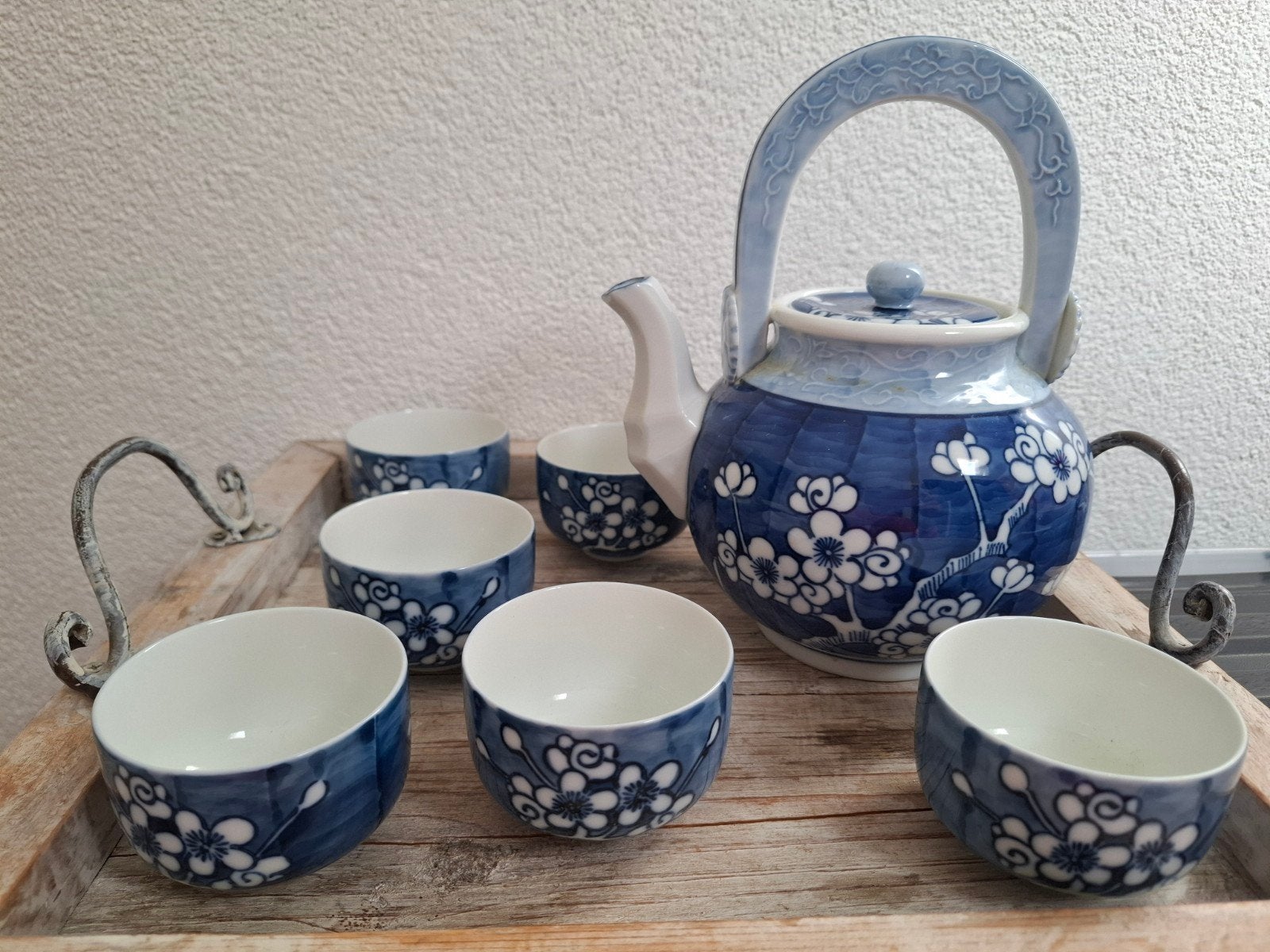 Handgeschilderde Japanse theepot met 6 kopjes, Ophalen of Verzenden