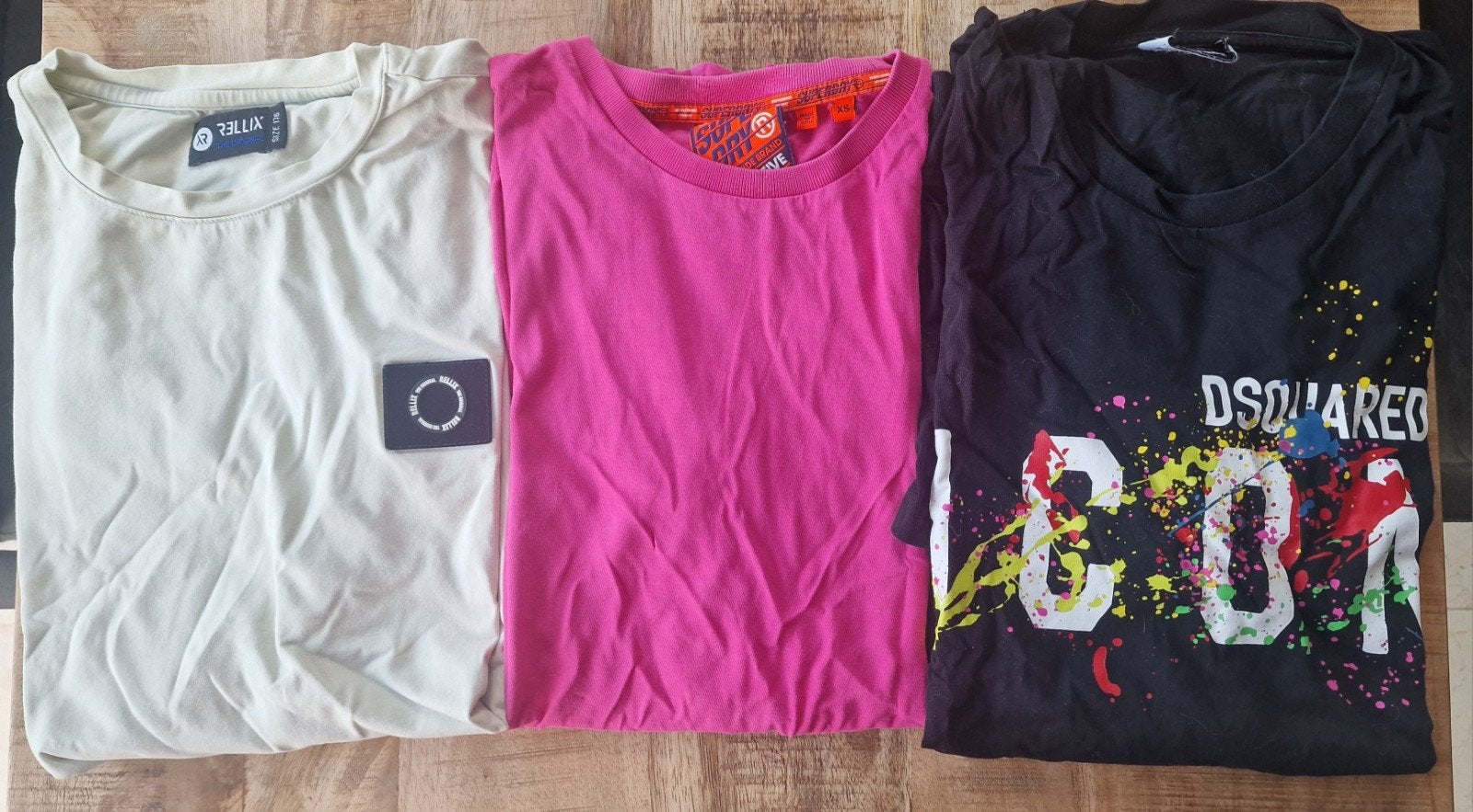 3 T-shirts: Rellix, Superdry, Dsquared2 - Maat 176/XS/16Y, Ophalen of Verzenden, Gedragen, Overige maten