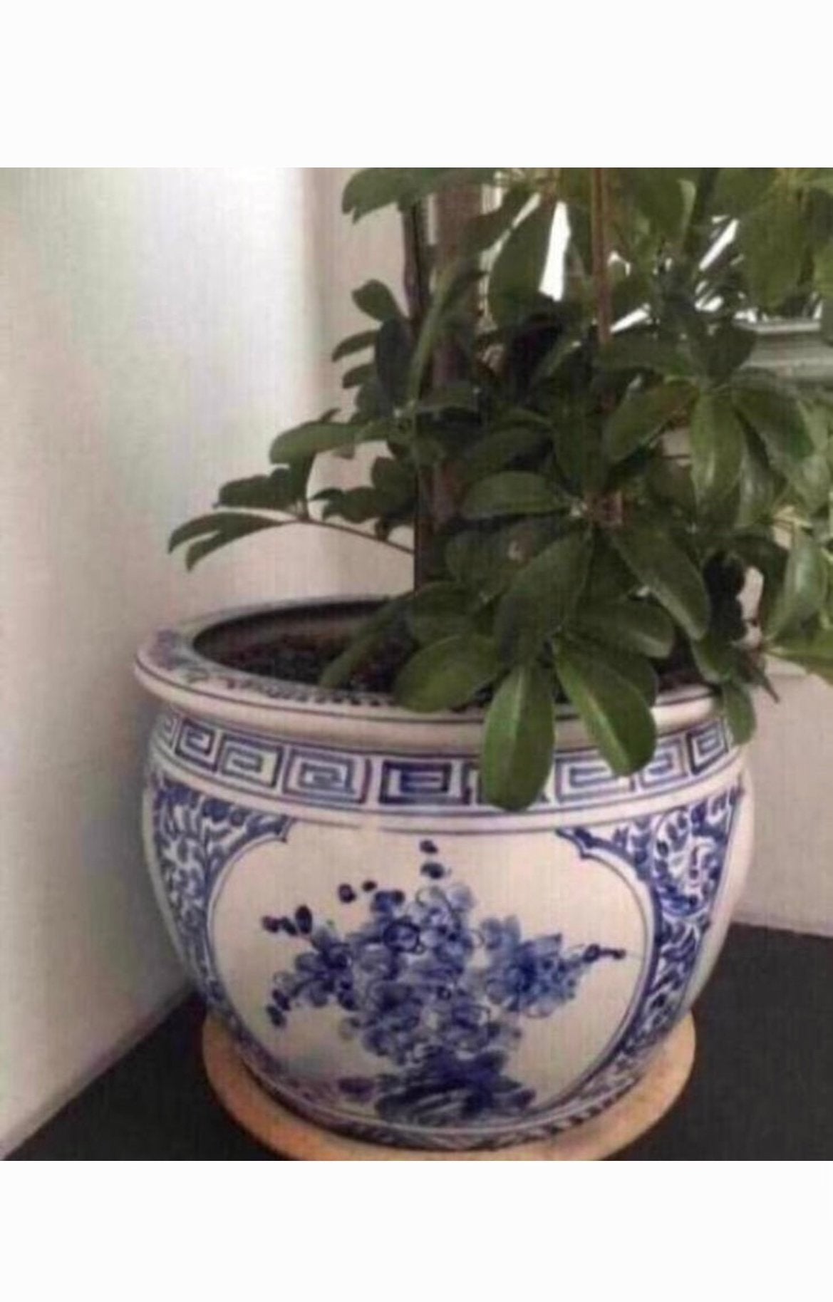 Mooie oude grote 43cm bloempot met blauw-wit decor antiek, Ophalen, 40 cm of meer, Rond, Binnen