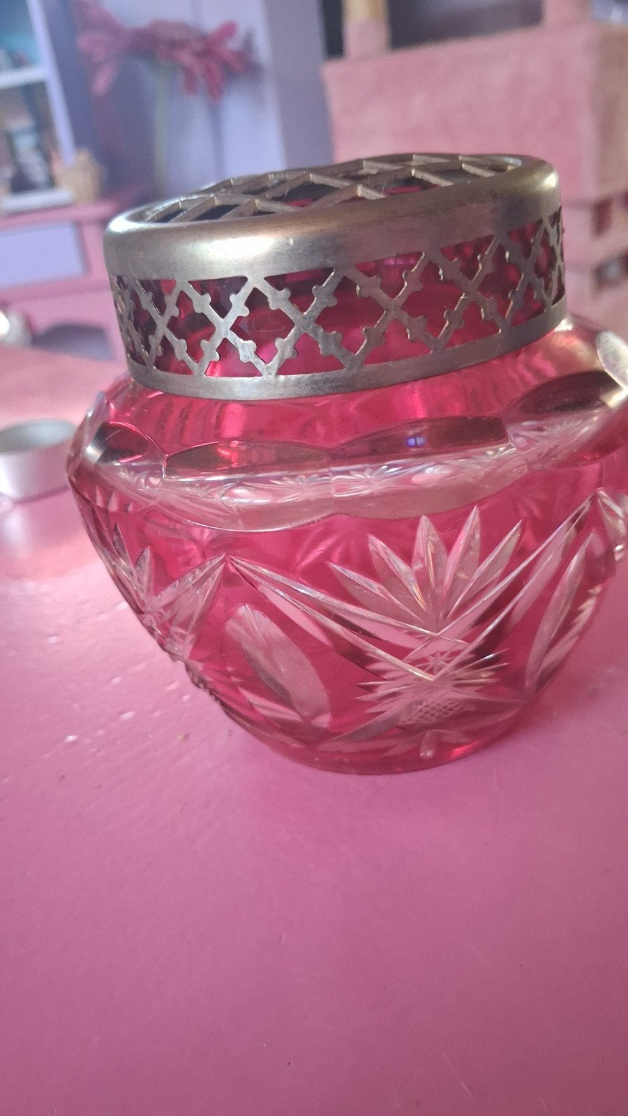 Vintage kristallen bloemenvase met metalen rooster, Ophalen of Verzenden