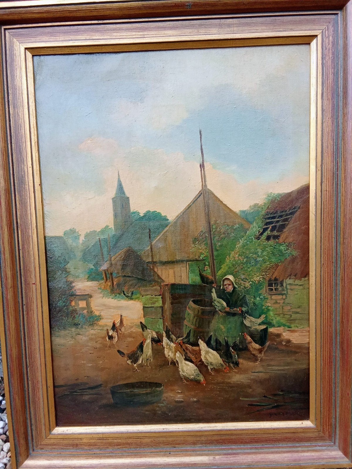 Antiek Schilderij: Vrouw met Kippen op het Erf, Gesigneerd, Ophalen of Verzenden