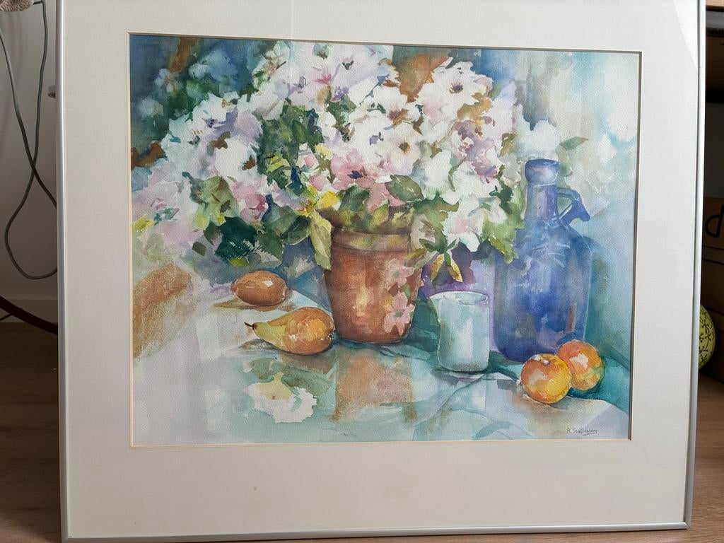Sfeervolle aquarel 'Stilleven met Bloemen en Fruit' gesignee, Antiek en Kunst, Kunst | Tekeningen en Foto's, Ophalen