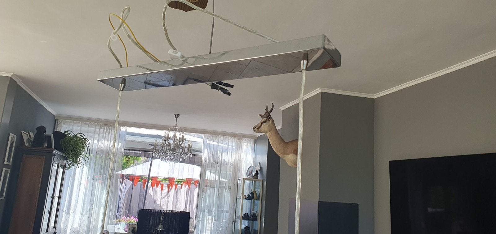 Moderne hanglamp met stoffen kap - Zwart, Gebruikt, 50 tot 75 cm, Ophalen of Verzenden, Stof
