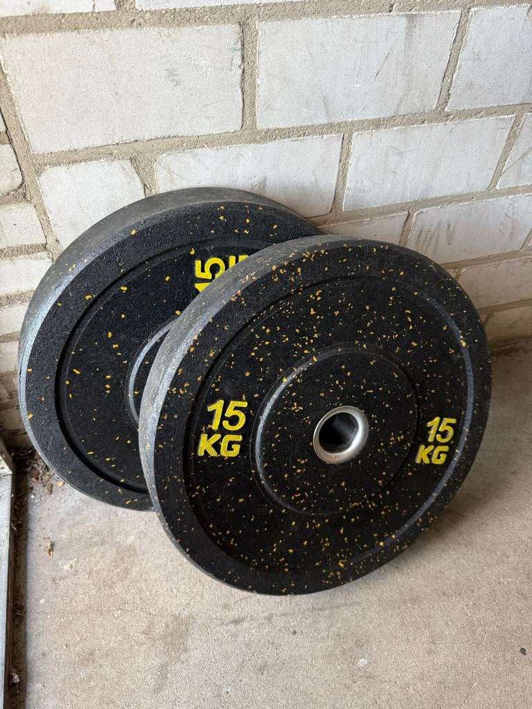 Setje bumperplates 15kg, Ophalen, Zo goed als nieuw, Halterschijven