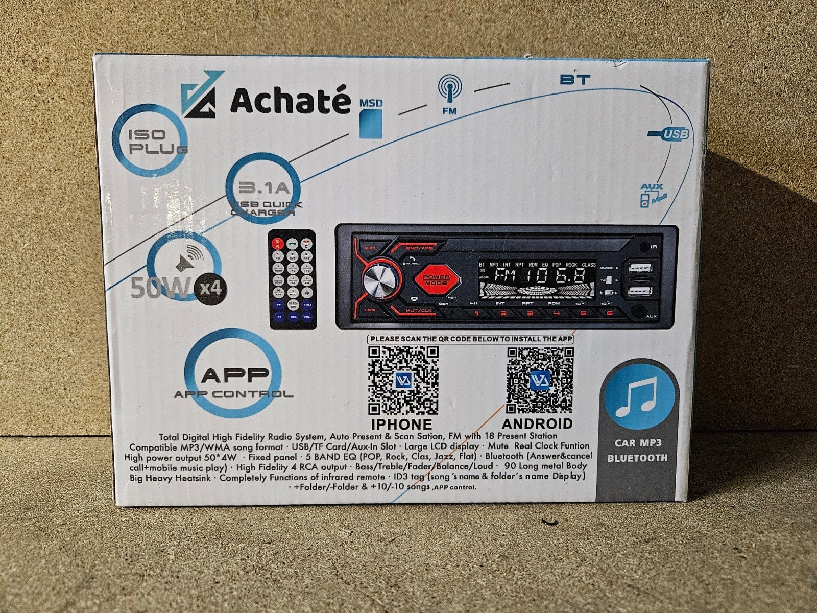 Achaté Autoradio MP3 Bluetooth USB AUX FM 50W x4 Nieuw, Ophalen, Nieuw