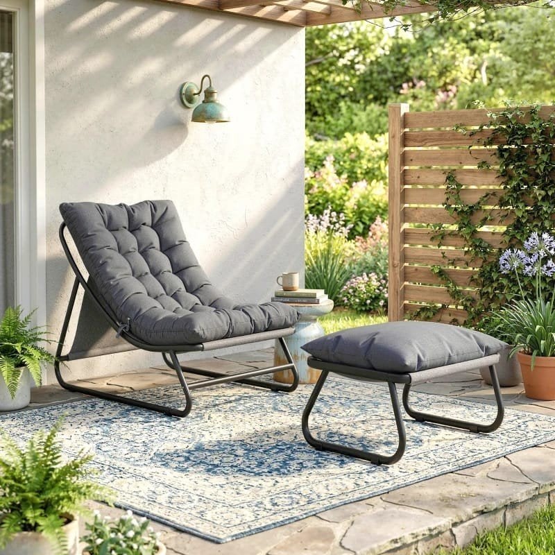 bistroset tuinset Loungestoel met Voetenbank - Grijs, 2 zitplaatsen, Nieuw, Ophalen of Verzenden, Stoel