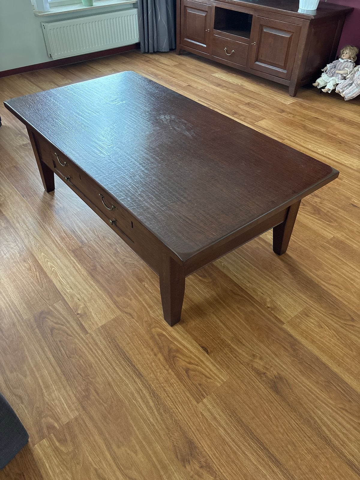 Houten salontafel met lades, Ophalen, Gebruikt, 100 tot 150 cm, Eikenhout