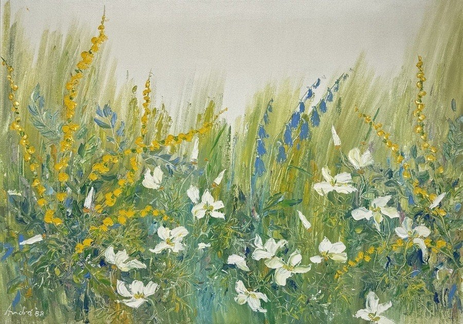 859. Olieverfschilderij – bloemrijke weide, 1982, Ophalen of Verzenden, Olieverf, Bloemen