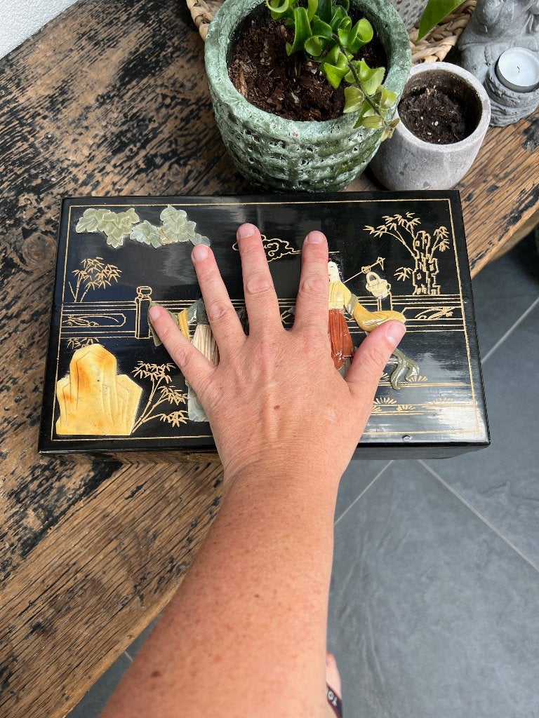 Chinese sieradenkist speksteen jade groot chinees kist, Hout, Handgemaakt, Doos, 9 cm