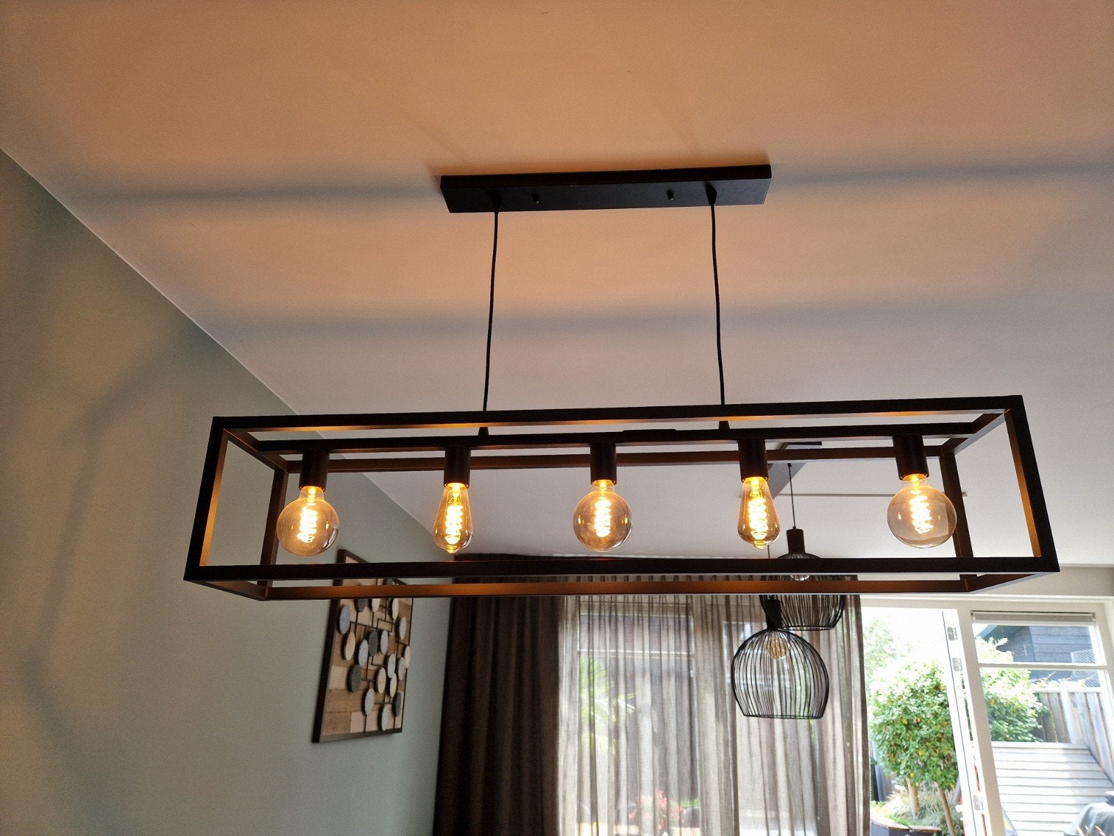 Hanglamp zwart industrieel (boven eettafel) 5 punts, Ophalen, Zo goed als nieuw