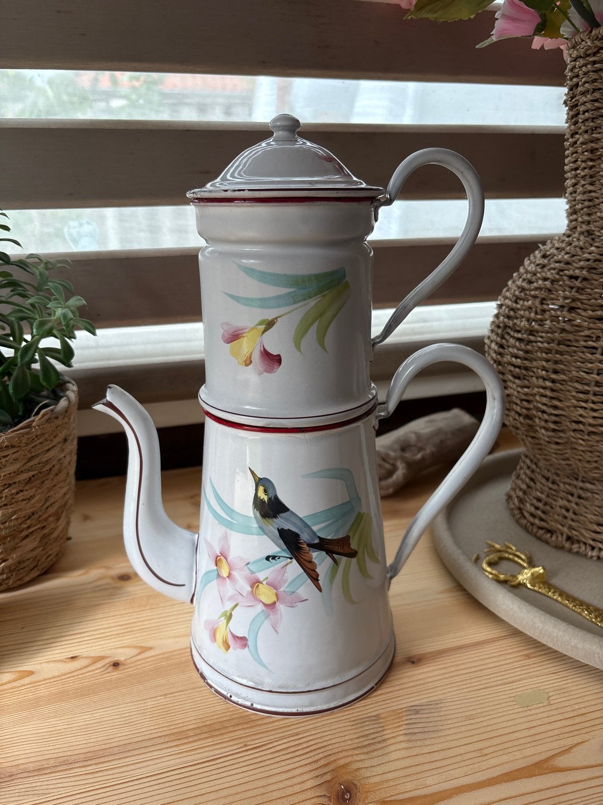 Vintage geëmailleerde koffiepot met vogeldecor, Ophalen of Verzenden