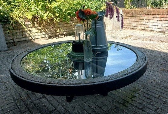 Unieke wagenwiel salon/tuintafel met glasplaat, Ophalen, Gebruikt, Rond, 5 – 50