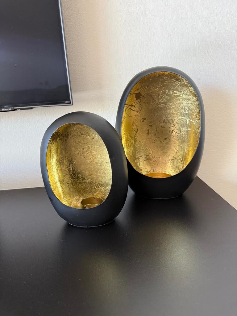 Windlichten ei metaal zwart goud, Huis en Inrichting, Woonaccessoires | Kandelaars en Kaarsen, Zwart, Ophalen of Verzenden, Zo goed als nieuw