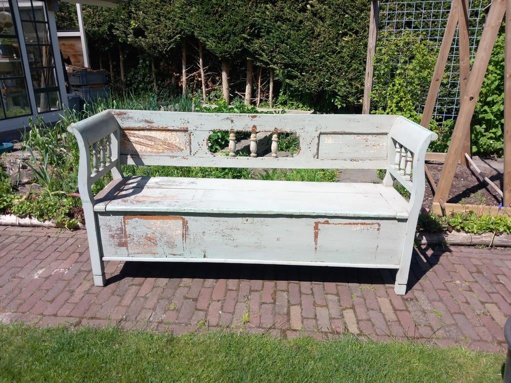 Vintage houten klepbank met opbergruimte, Ophalen