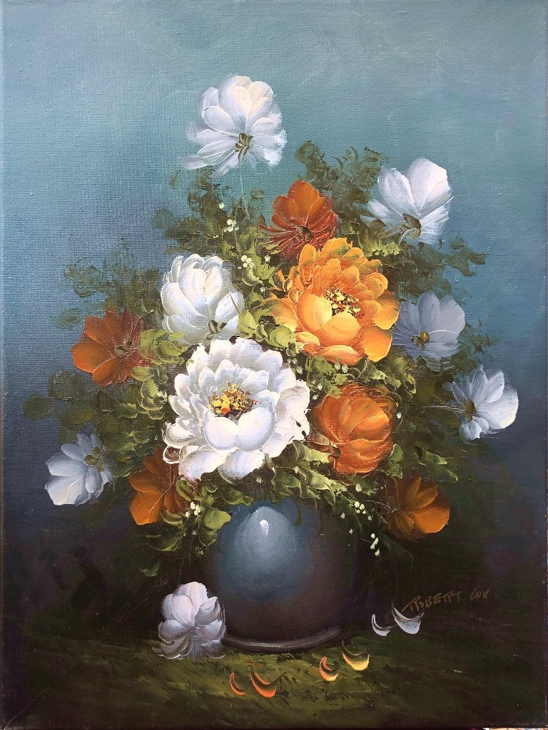 Robert Cox Schilderij op doek 'Vaas gekleurde bloemen', Antiek en Kunst, Ophalen of Verzenden