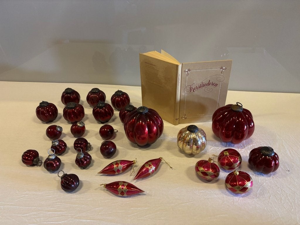 Oude glazen kerstballen Kugel-stijl, 27 stuks + boekje, Vintage, Gebruikt, Niet bekend (tweedehands product), Meerkleurig