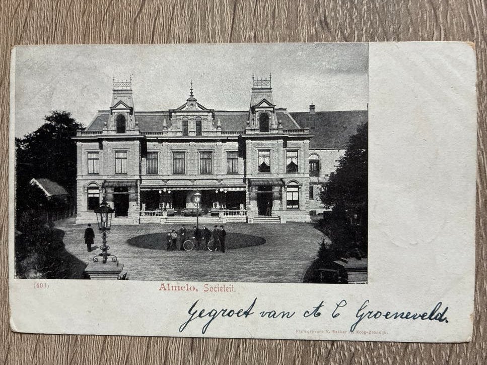 Oude ansichtkaart Almelo sociëteit 1903 stempel Nieuwerkerk, Ophalen of Verzenden, Voor 1920, Ongelopen, Overijssel