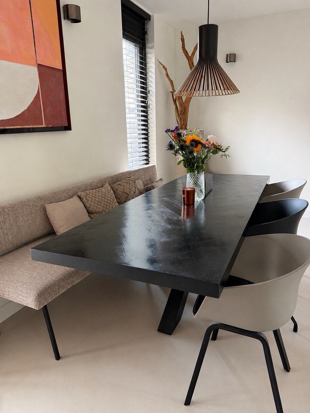 Moderne Eettafel visgraat zwart 240x90cm, Huis en Inrichting, Tafels | Eettafels, Ophalen, Eikenhout, 200 cm of meer, 50 tot 100 cm