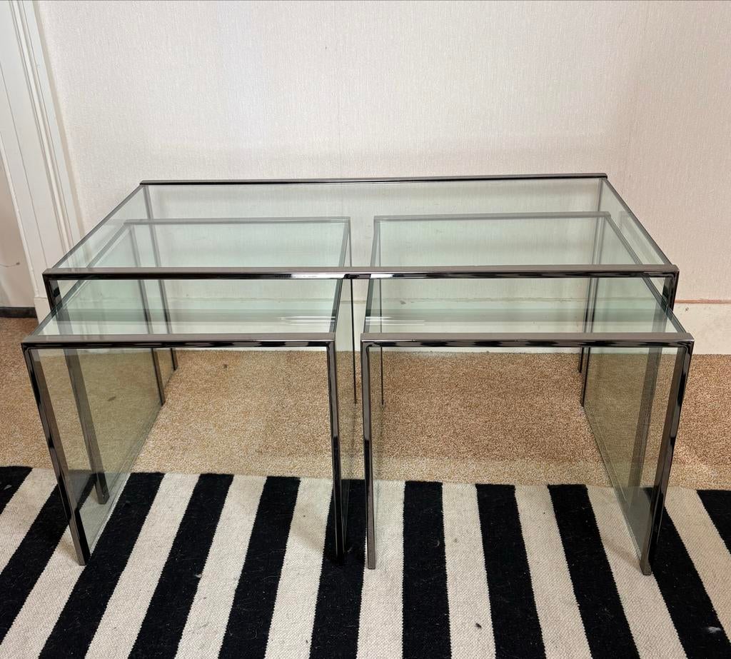 Vintage mimiset bijzettafels verchroomd frame met glas, Huis en Inrichting, Ophalen of Verzenden, Gebruikt, Rechthoekig, Glas