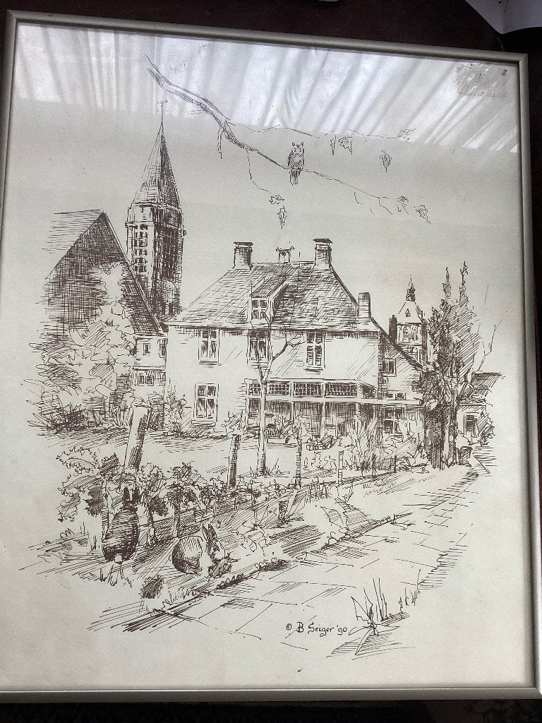 Ingekadreerde Pentekening van B. Seiger '90, Ophalen of Verzenden, Tekening, Pentekening, Gesigneerd