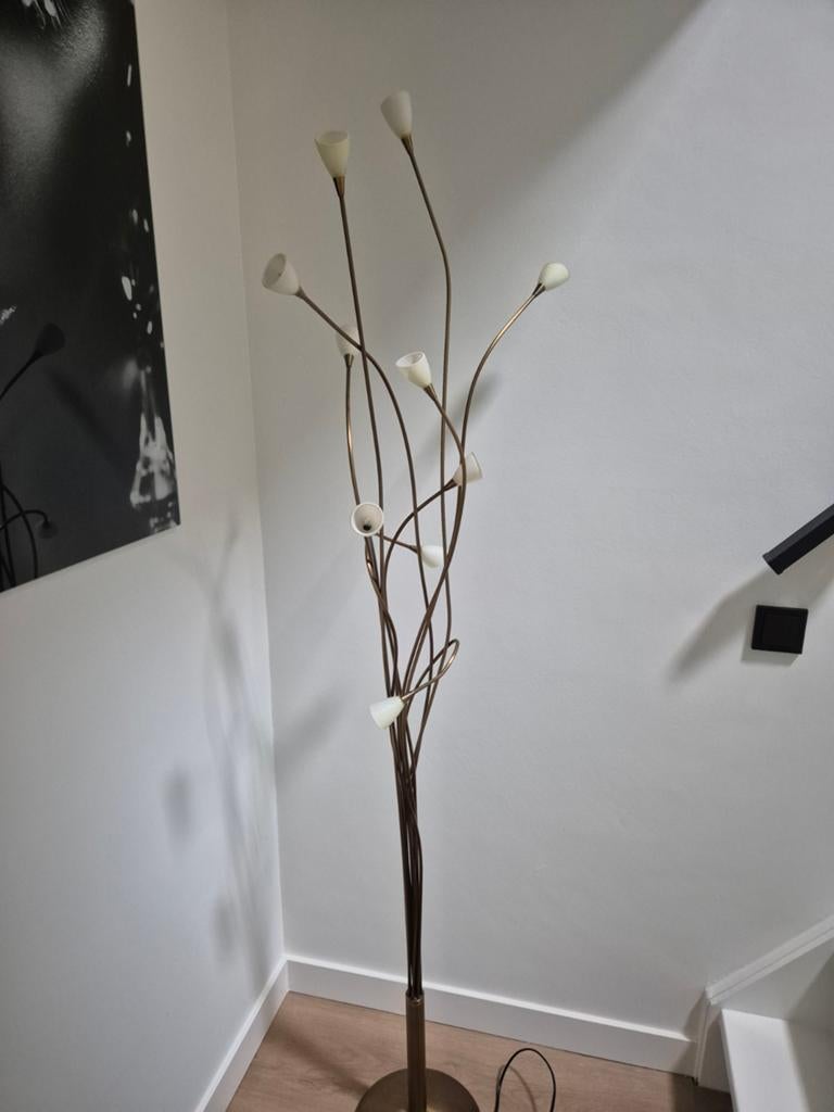 Bronzen Vloerlamp met 10 Melkglazen Kapjes, Dimbaar, 180cm, Ophalen, Zo goed als nieuw, Glas, 150 tot 200 cm